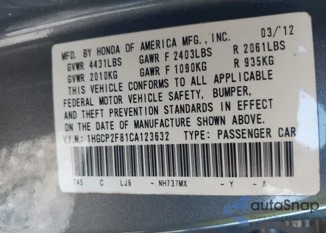 2012 Honda Accord 2.4 Ex-L from USA, damaged, VIN 1HGCP2F81CA123632